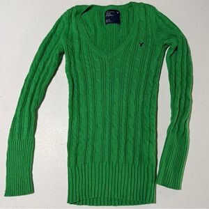 XS Kelly Green American Eagle V Neck Cable Knit Sweater